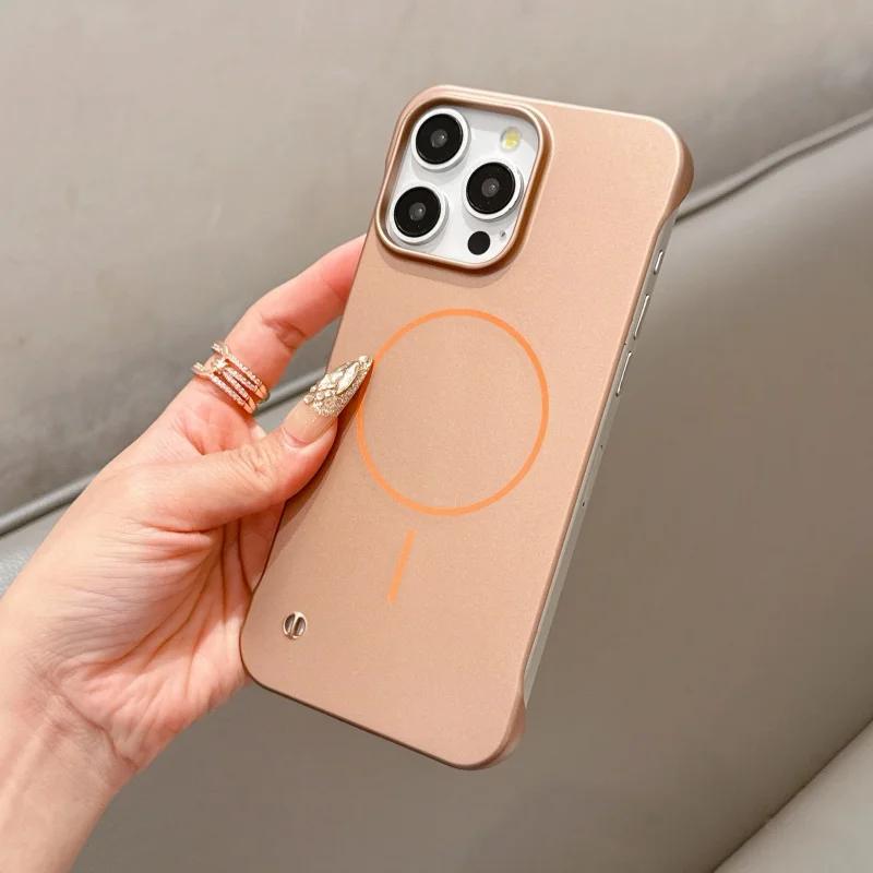 Slim PC Hard Frameless Borderless Case For iPhone 16 Pro Max 15 Plus 14 13 12 11 Phone Magsafe Wireless Charging Magnetic Cover