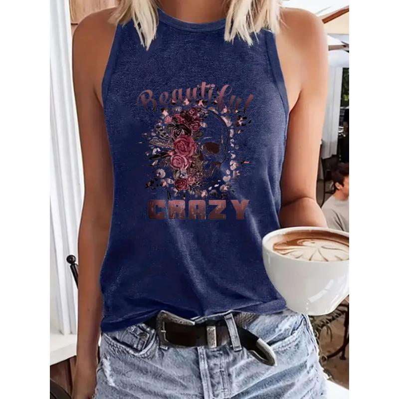 

Women s Printed Spring and Summer Sleeveless Top T-shirt with A Round Neck Pullovers Vest XXL темно-синий