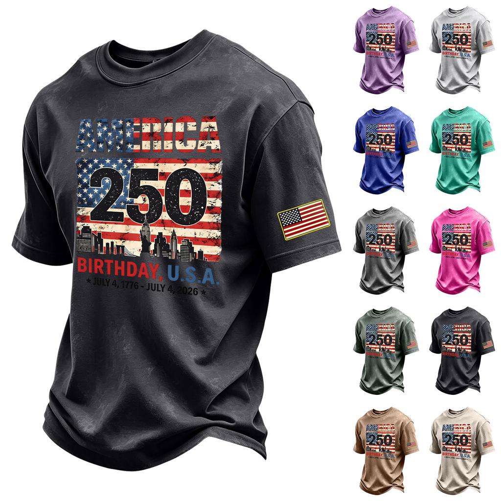 Men's Vintage Washed Short Sleeve Crew Neck T Shirt with 250th Independence Day Graphic Print and Sleeve Flag Patch Casual Tee