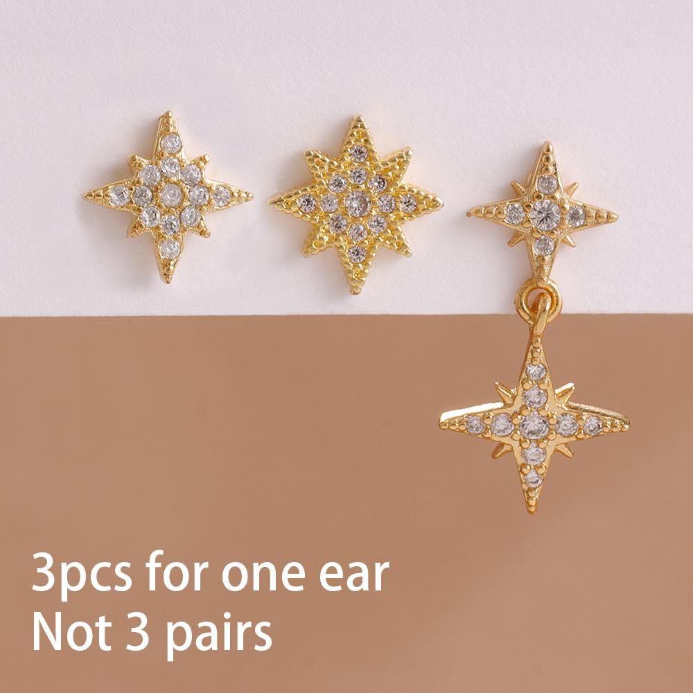3PCS French Design Stainless Steel Zircon Star Stud Earrings Set For Women Helix Tragus Star Earring Cartilage Piercing Jewelry