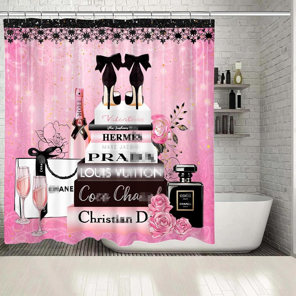 Fashion Luxury Girly Shower Curtain Pink Floral Black Perfume Shower Curtains Waterproof Polyester Fabric Shower Curtains for Bathroom Decor with 12