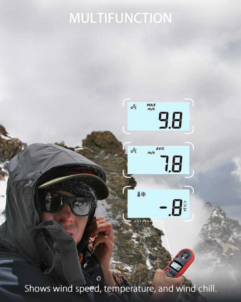 Wintact Handheld Anemometer, Waterproof, Mini Digital Anemometer Gauge, Pocket Airflow Tester, Wind Temperature Measurement -22°F to 100°F, for House,
