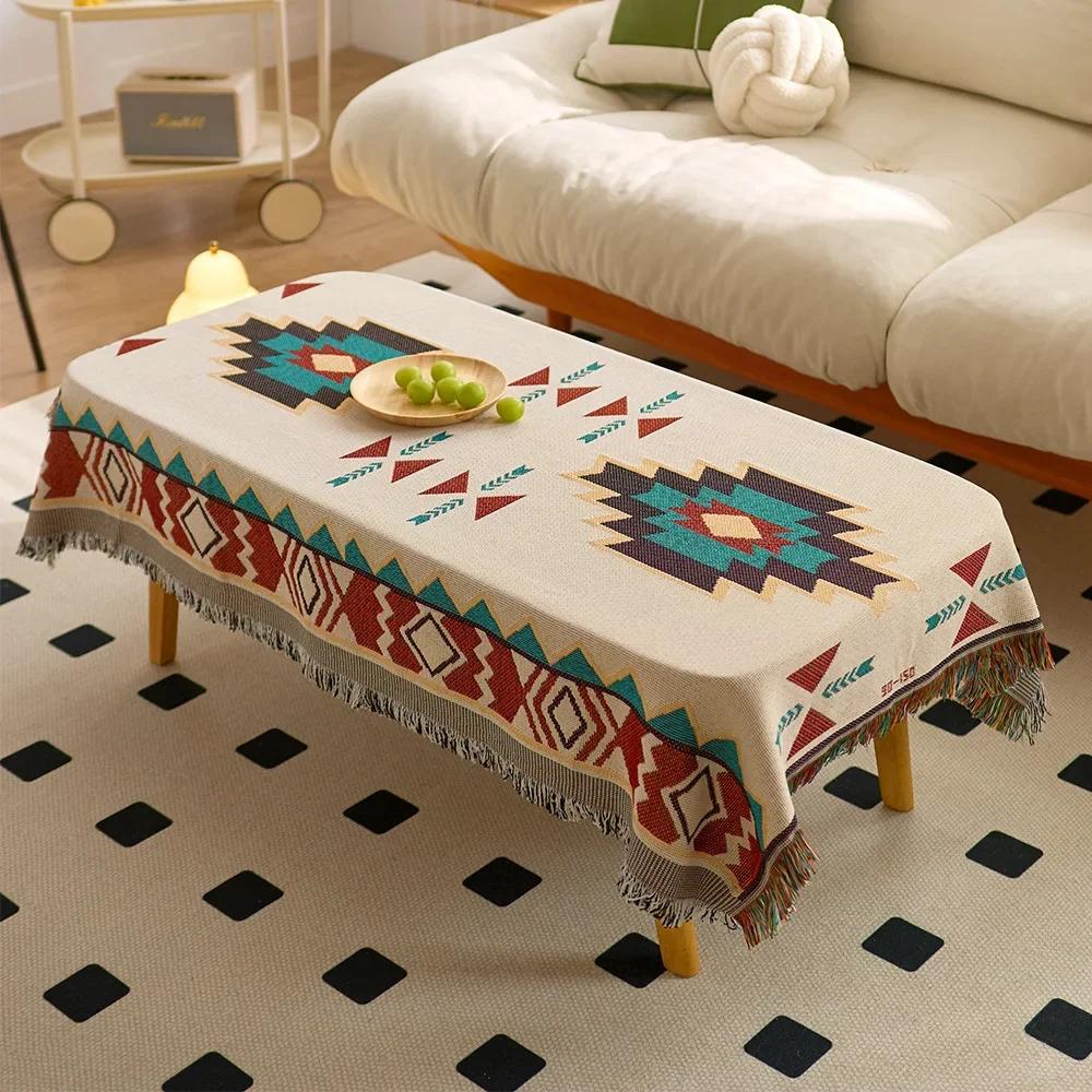 Cotton Yarn Tassel Dining Table Cloth Bohemian Style Double Printed Tablecloth Home Decoration Multifunctional Cover Cloth Towel
