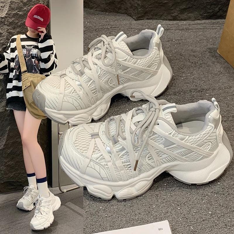 Strap Platform Dad Shoes Women's Spring and Summer New Breathable Mesh Round Head Lace-up Casual Sports Shoes