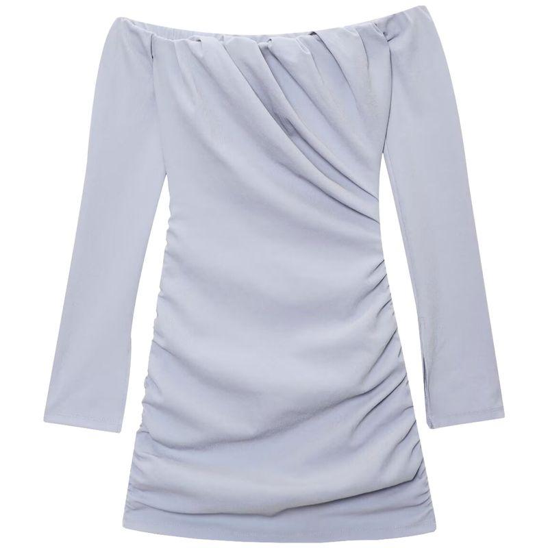 

Zaprha 2025 New Sexy off-Shoulder off-Shoulder Collar Fashion Slim fit Pleat Decoration Short Dress 3644303 Light blue L