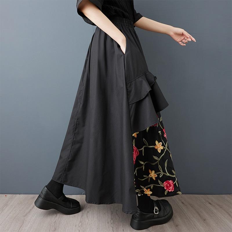 Plus Size High Waist Black Cotton Vintage Embroidery Floral Summer Casual Loose Long for Woman Skirts Womens Skirt
