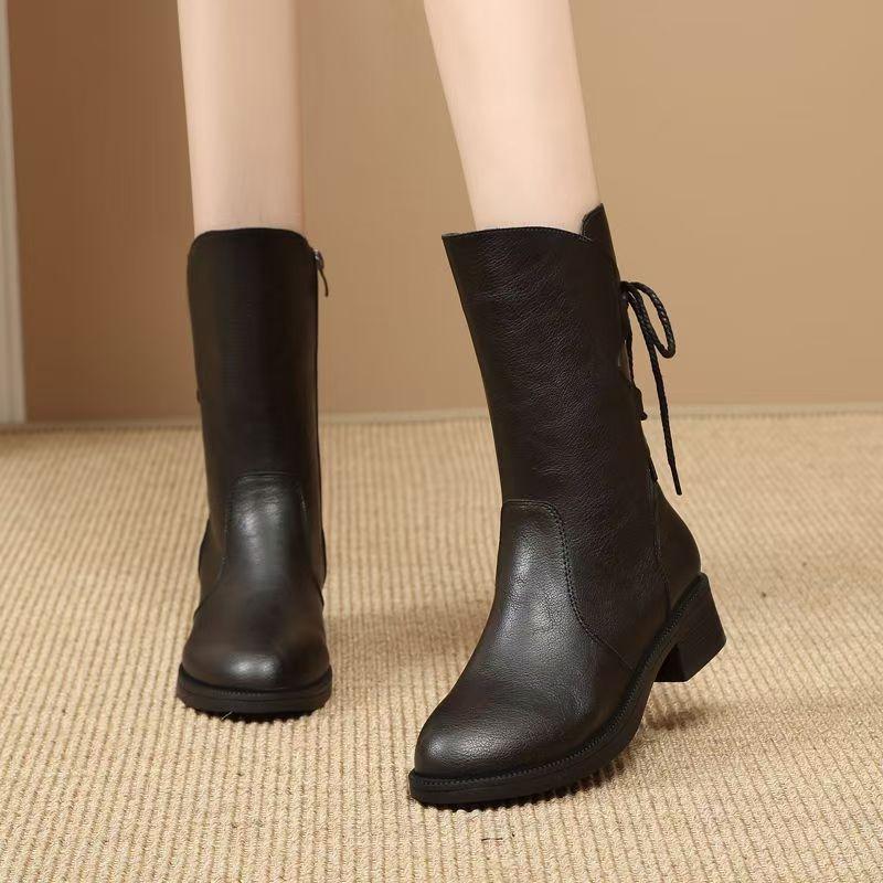 Soft Leather Medium Boots Women's Winter Velvet Autumn and Winter New Spring and Autumn Boots Thick Heel Medium Heel Fashion Boots Women's Boots