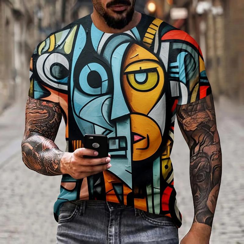 Summer Men's T-shirt 3D Printed Graffiti Pattern Street Fashion Trend Short Sleeved Round Neck Plus Size Top