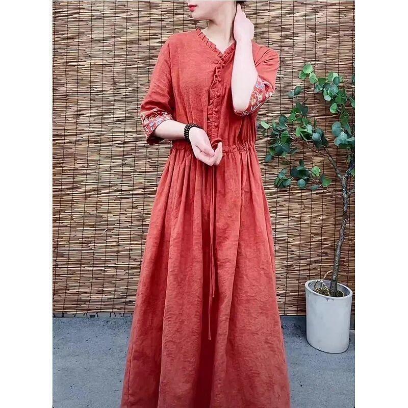 Retro Ethnic Embroidered Cotton Jacquard Midi Dress - Slim Fit, Cinched Waist, Trendy Summer Style