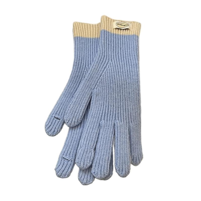 Womens Warm Knitted Full Finger Gloves Outdoor Riding Touchable Screen Colorblock Letters Label Decor Thermal Mittens