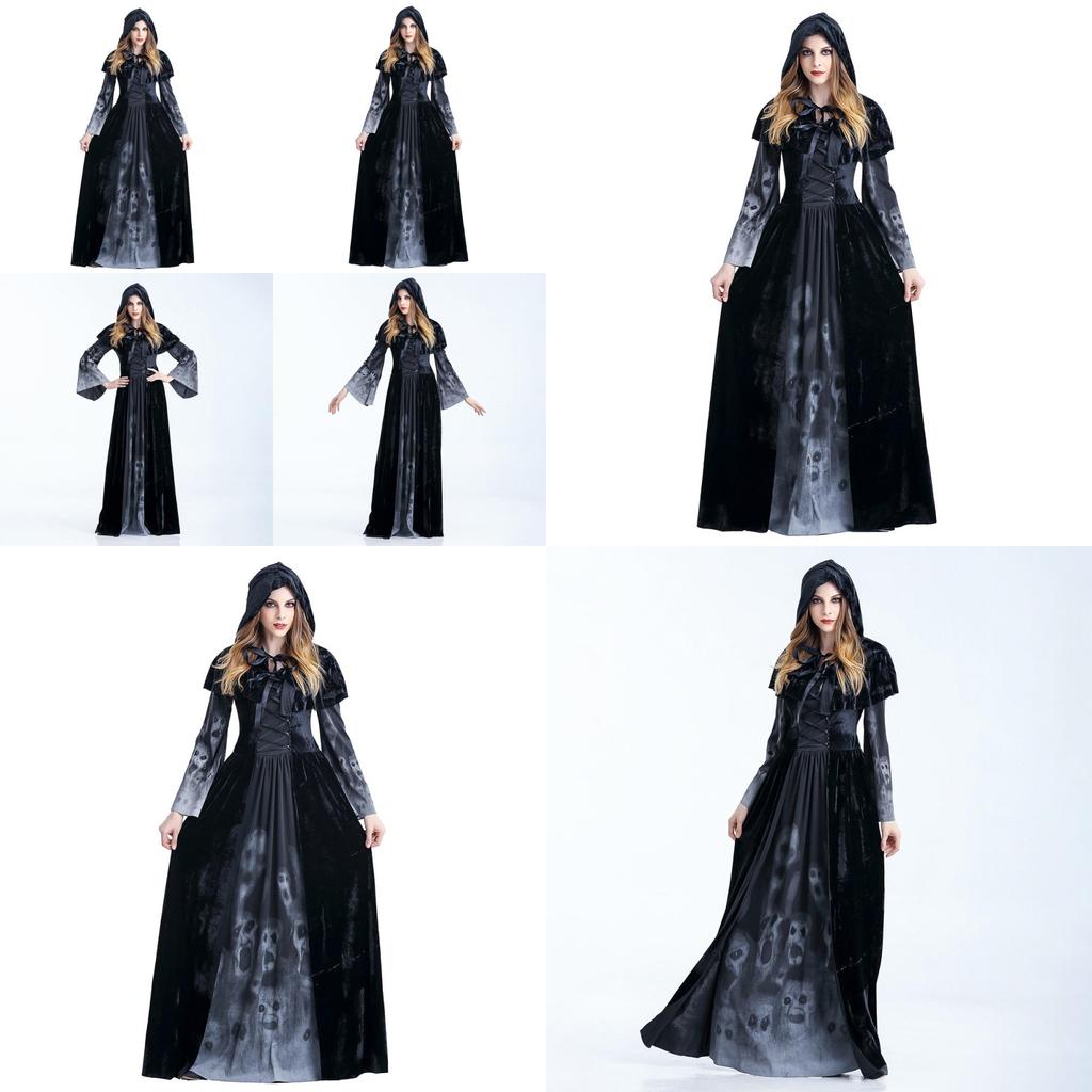 Stylish Halloween Skeleton Print Witch Vampire Costume For Women With Hooded Cloak And Skirt