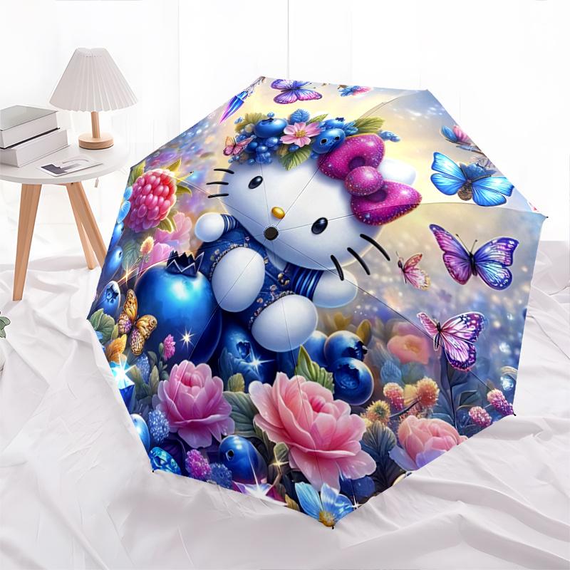 1pc Hello Kitty Fantasy Garden Automatic Folding Umbrella - Portable 3-Fold Design with 8-Bone Iron Frame, Perfect for Outdoor Use, Festive Gifts, Fan