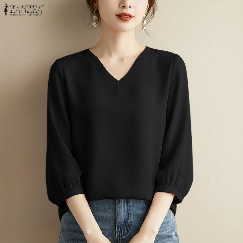 ZANZEA Women Casual V-Neck Solid Color 3/4 Sleeve Blouse