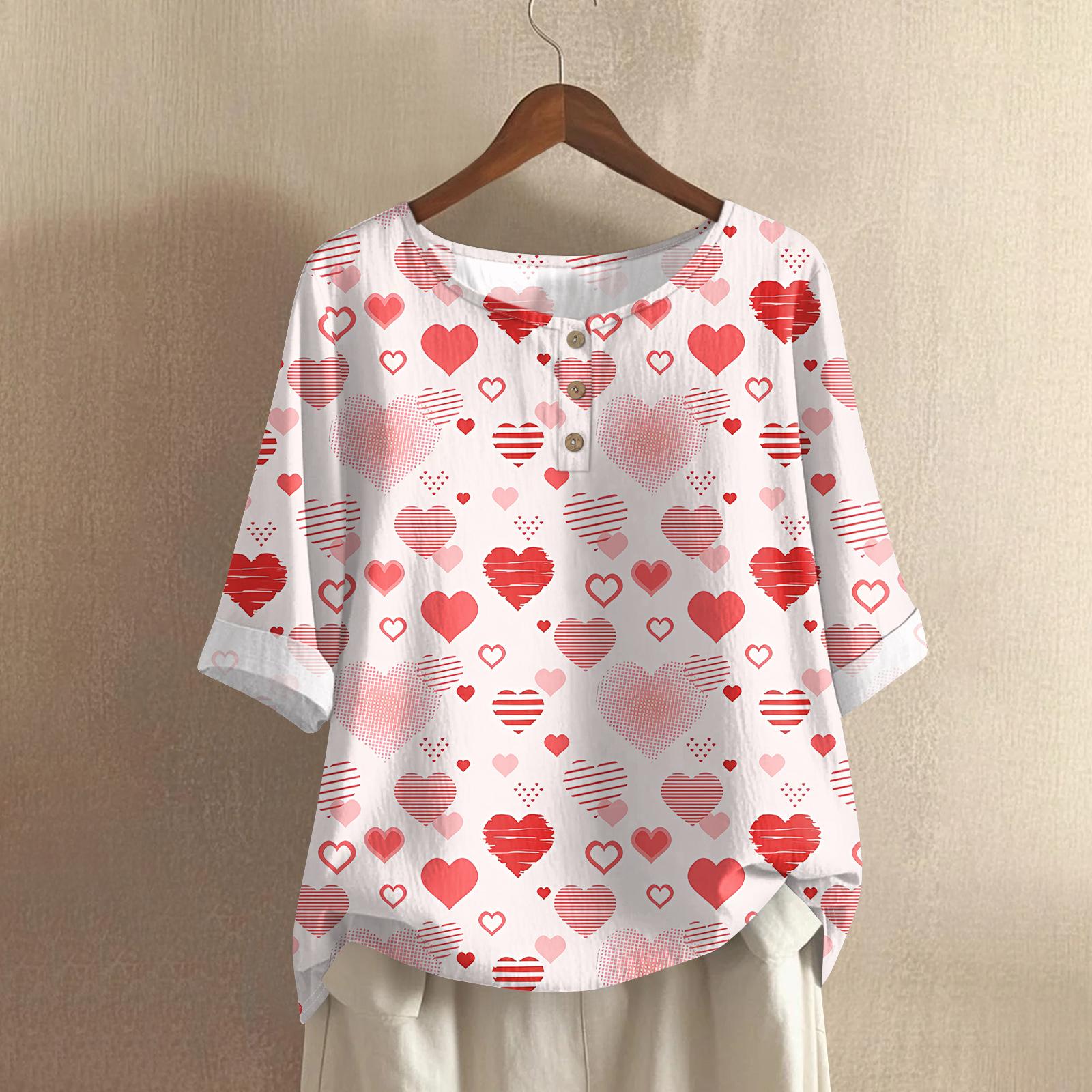 

Women s Casual Mid-Sleeve Round Neck Valentine s Day Print Cotton-Linen Blend Top S рожевий