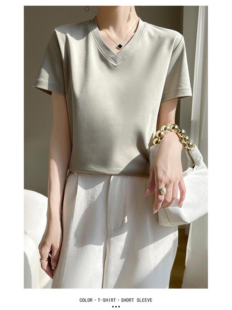 High-Quality Women's V-Neck Short-Sleeve Mercerized Cotton T-Shirt: Non-See-Through, Casual, Sweat-Absorbent, Breathable, Versatile Fit.