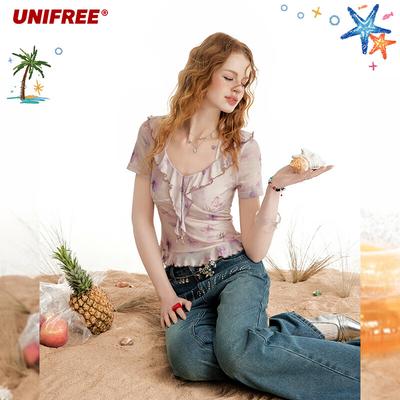 Sweet Butterfly Print Ruffle Trim V-Neck Slim Fit Cropped T-Shirt