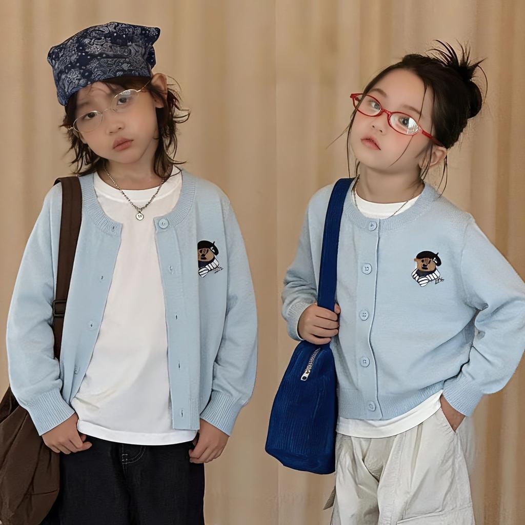 Spring Kids Embroidered Bear Knit Cardigan Unisex Baby Boy Girl Cute Thin Jacket Outerwear