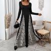 [Baizhiyi] New dress elegant retro style square neck long sleeve leopard print splicing dress