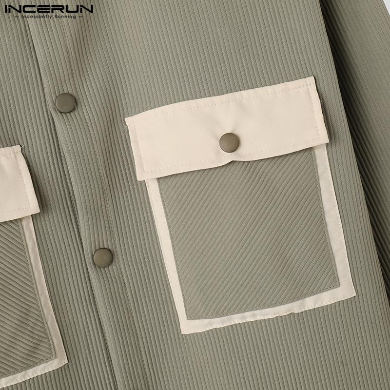 INCERUN Oversized Spring Men Long Sleeve Lapel Patchwork Buttons Up Texture Shirts