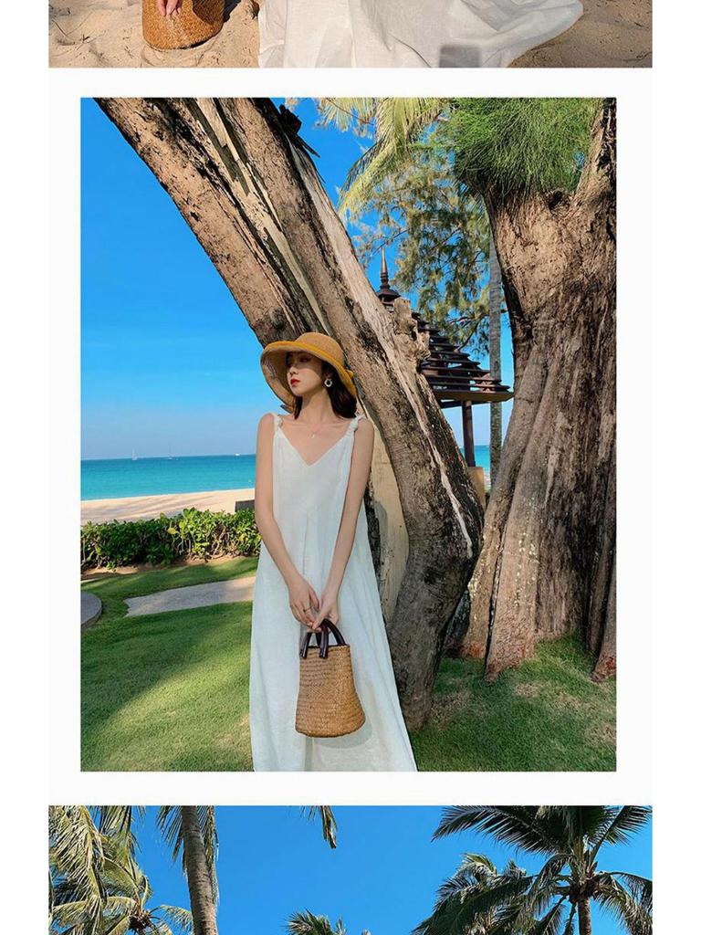 Women's 2026 Summer White Spaghetti Strap Beach Dress - Loose Fit, Slimming, Seaside Vacation Style Long Dress