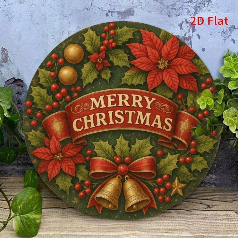 Vintage Christmas Wreath Metal Wall Art Festive Poinsettias Bells Ribbon Gift Home Decor Kitchen Holiday Office Garden