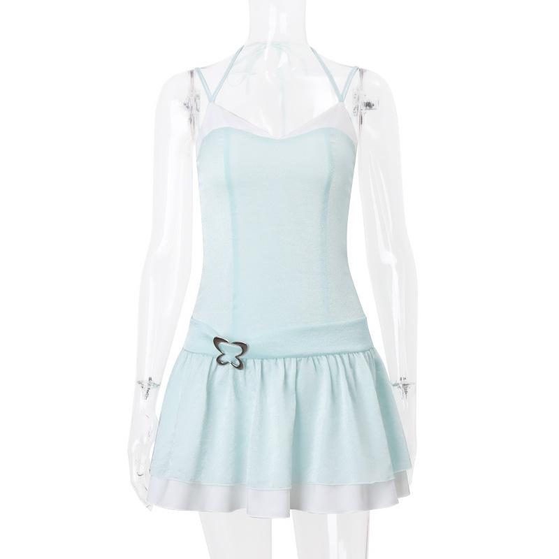 

ins European and American style summer new sexy sweet V-neck butterfly decoration contrasting color neck suspender dress women L зелений