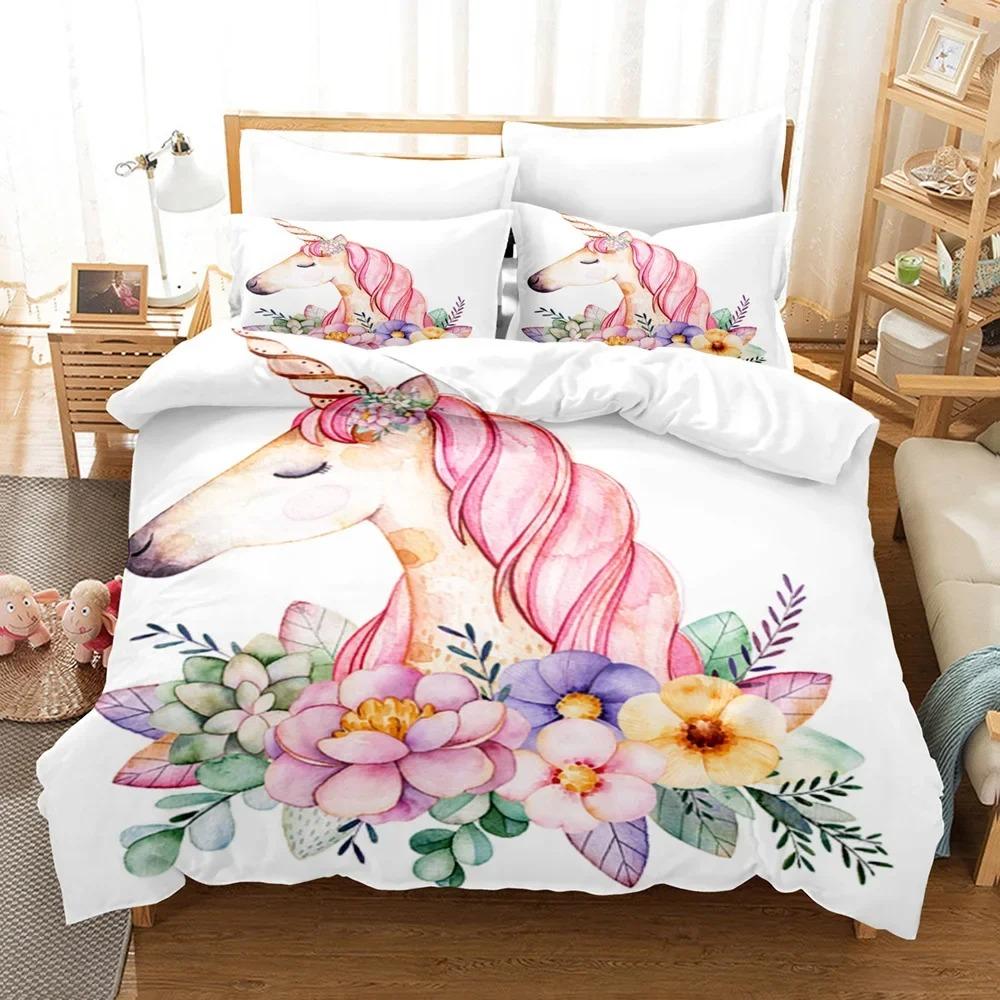 Cartoon Unicorn Duvet Cover Set KingQueen Size Cute Pink Blue Fairy Tale Animals Polyester Bedding Set for Girls Kids