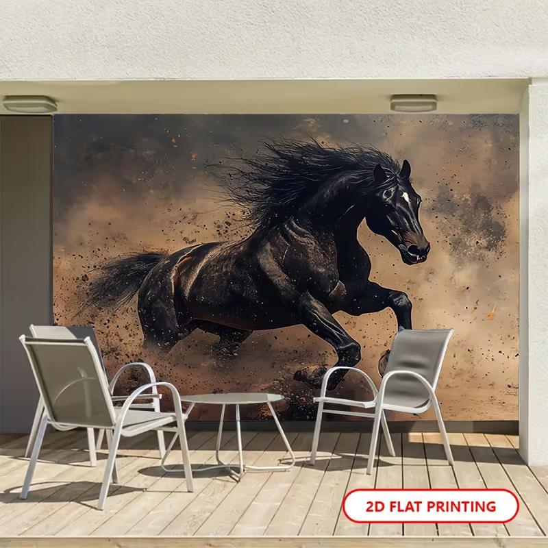 2D Dynamic Black Running Horse Art Style Photography Backdrop