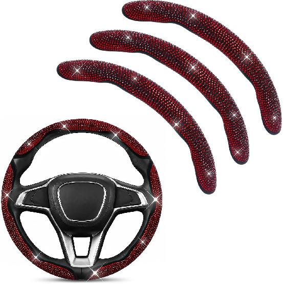 EINESIN 3PCS Bling Diamond Steering Wheel Cover, Segmented Steering Wheel Protector, Butterfly Steering Wheel Cover, Universal 99% Car Wheel Cover