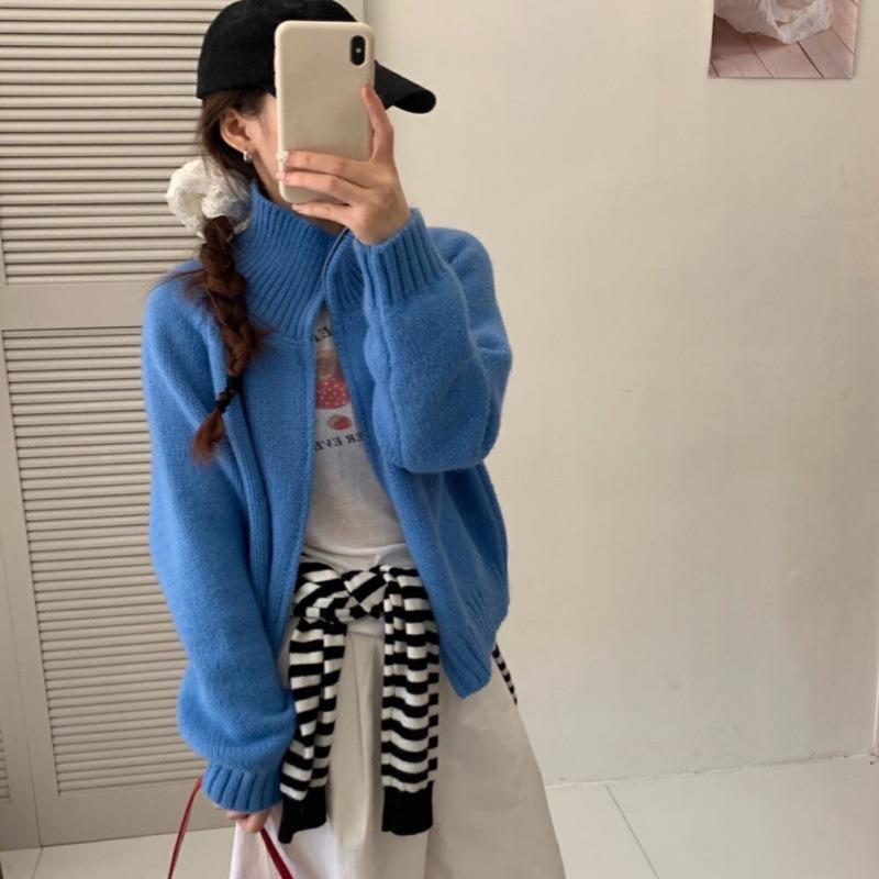 Lazy wind solid color double zipper lapel neck sweater jacket women's autumn new loose simple stand-up neck knitted cardigan thick