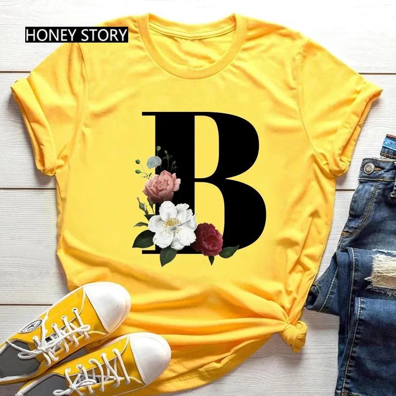 Women's Summer Short Sleeve T-Shirts Fashionable Casual Round Neck 26 English Letters Flower & Name Letter Printed Cotton T-shirts