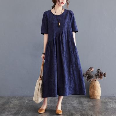 Sommer Lose Einfache Jacquard Unregelmäßige Kleid Frauen Casual O-ausschnitt Kurzarm Volltonfarbe Frauen Kleider