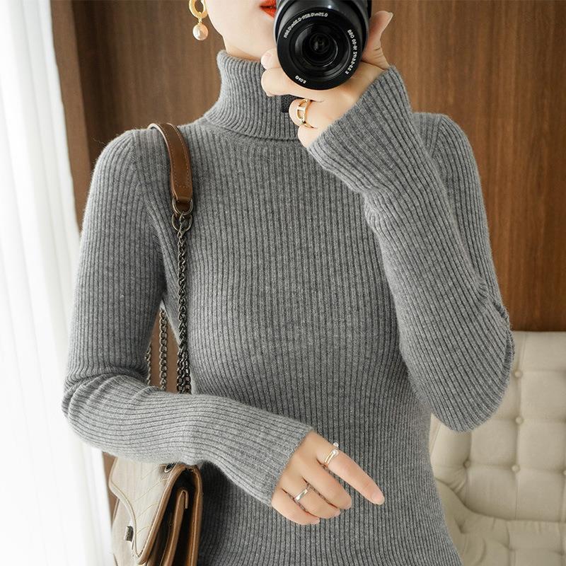 Women's Autumn Winter High Neck Slim-Fit Ribbed Knit Base Layer Sweater for Office Wear