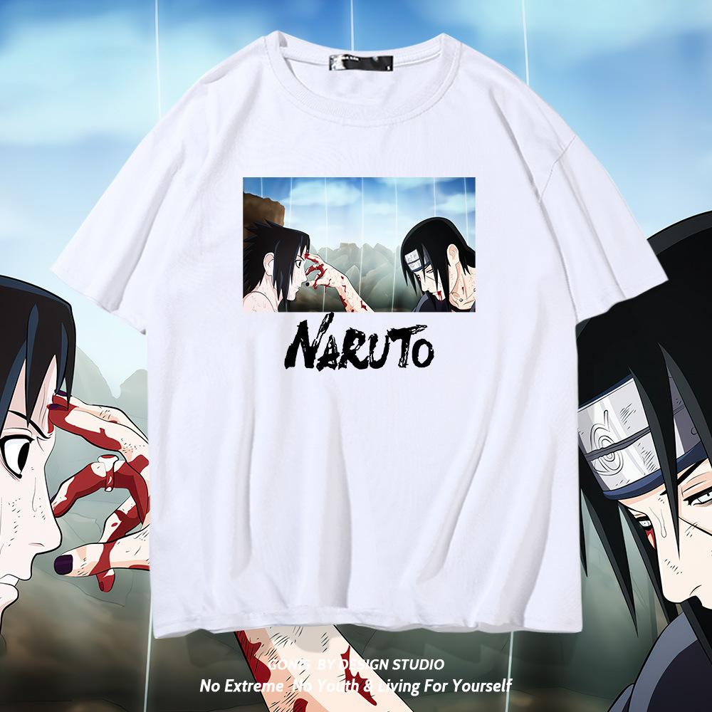 Naruto T-shirt male Japanese anime Sasuke Uchi Hasuki family trendy brand youth pure cotton loose top
