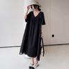 DIMANAF 2025 Plus Size Summer T-Shirt Dress Women Loose Show Thin Vintage Cotton Casual V-Neck Half Sleeve Solid Long Dress