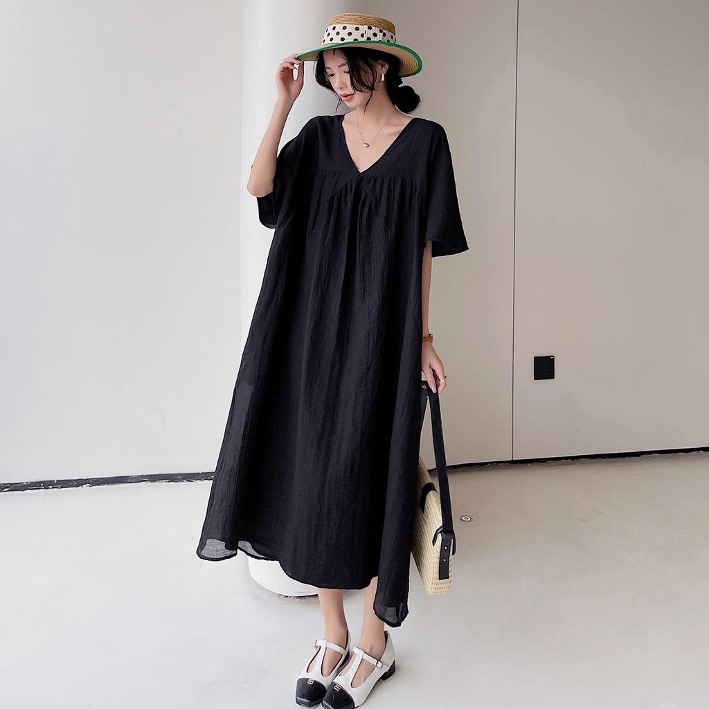 DIMANAF 2025 Plus Size Summer T-Shirt Dress Women Loose Show Thin Vintage Cotton Casual V-Neck Half Sleeve Solid Long Dress
