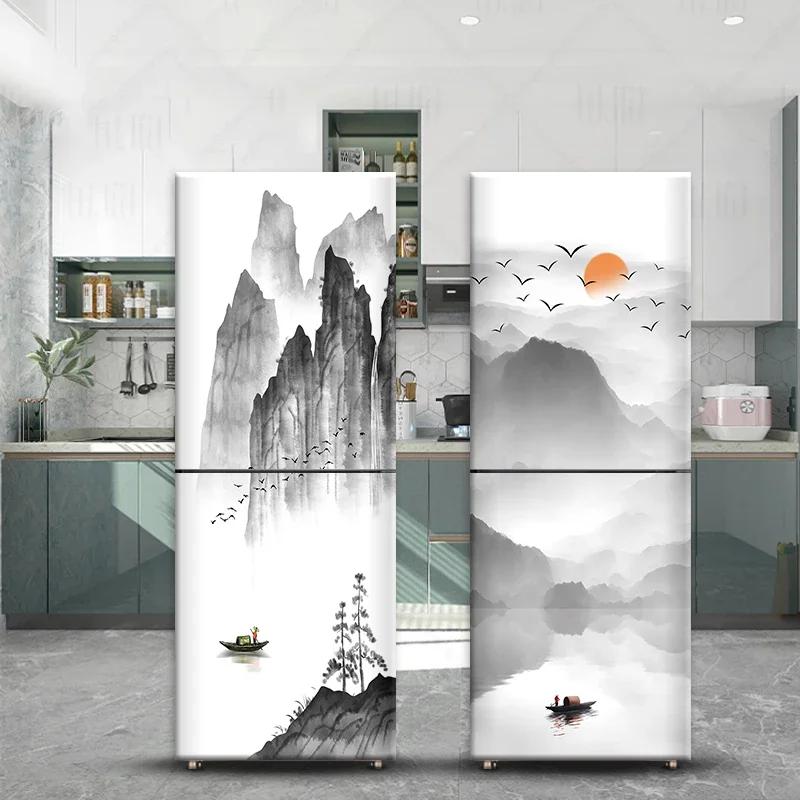 Chinese Style Refrigerator Door Sticker Self Adhesive Waterproof 3D Wallpaper Fridge Door Wrap Mural Cover Home Kitchen Decor
