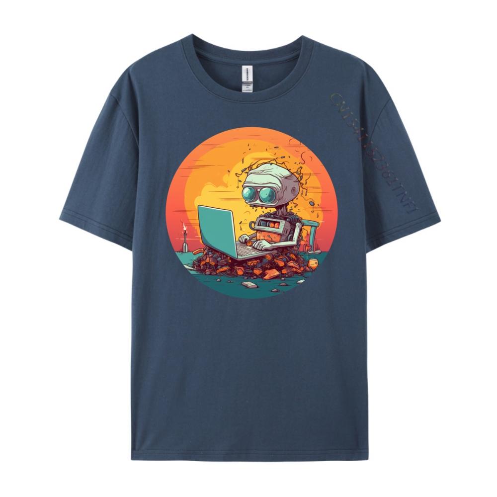 Funny Smart Ai Robot With Laptop For Portable Computer Fans Black Graphic T Shirts Autumn Mens Cotton TShirt Halloween