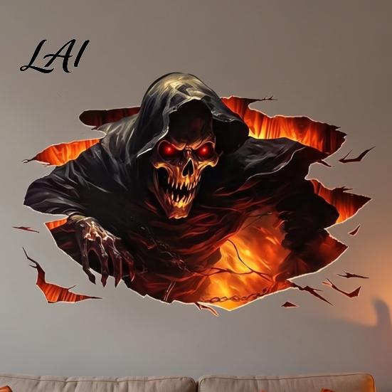 Halloween Wall Decals for Home Decoration 3D Decal Breakout Illusion Sticker with Skull Ghost Spooky Indoor Murals Holiday Atmosphere Room