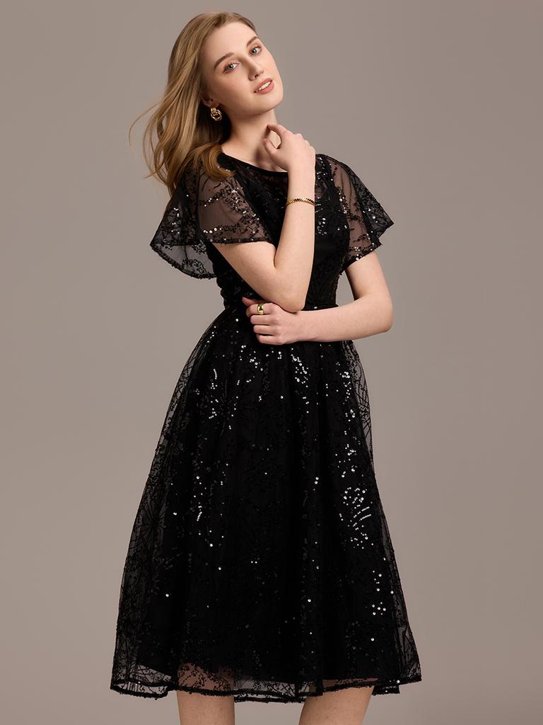 Ever-Pretty Women's Short Sleeve See-through Round Neck A-Line Sequins Midi Wedding Guest Dresses