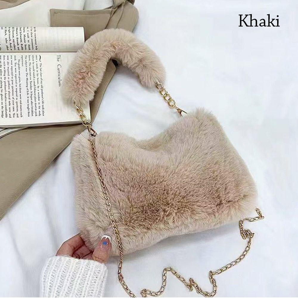 Fashi Women Fluffy Shoulder Bags Female Winter Chain Underarm Bag Solid Color Handbag Soft Plush Handle Bag