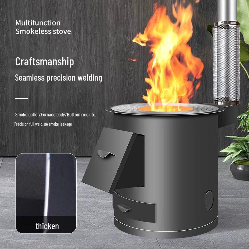 Draagbare Rookloze Houtkachel: Binnen-/Buitenverwarming met Grote IJzeren Pot, Energiezuinig, Extra Dik Ontwerp.