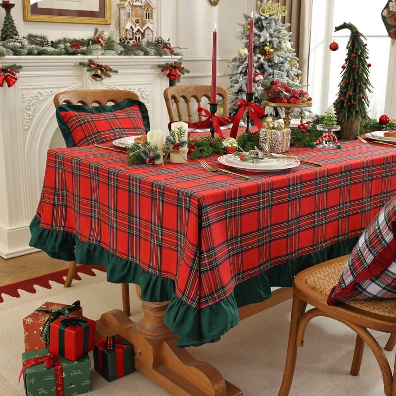 Christmas Tablecloth Woven Cotton Plaid Table Cover With Ruffled Trim Dining Decor
