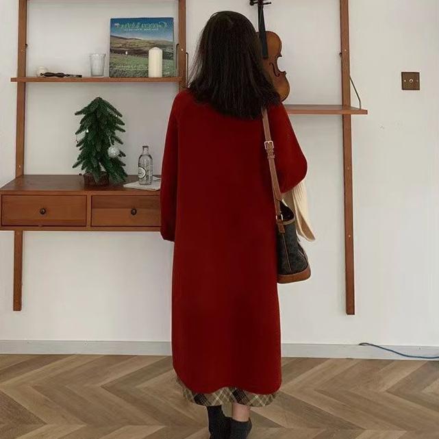 Black Horn Buttoned Coat for Women Autumn and Winter Solid Color Loose Fashion Coat Hepburn Style Woolen Coat