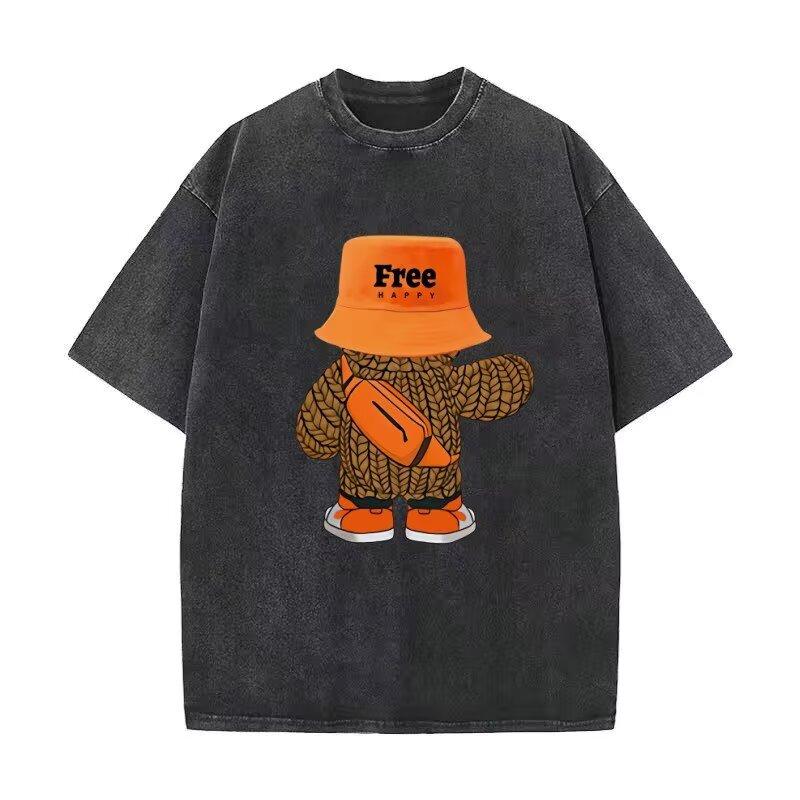 New Cartoon Print Short Sleeve T-Shirt for Men Summer Korean Style Trendy Simple Half Sleeve Top Hong Kong Style Loose Casual Stylish Top