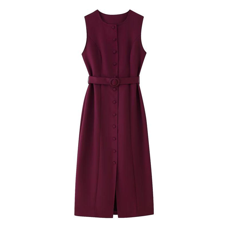 Kaslead New Women Clothes Western Style Fashion Simple Round Neck Single-Breasted Belt Decoration Dress