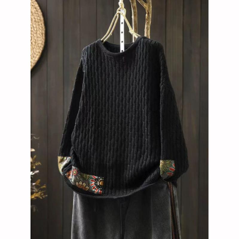 Winter Fall Fashion Vintage Sweater Women's O Neck Loose Casual Lazy Style Casual Pullover Flower Print Patchwork Knitwear