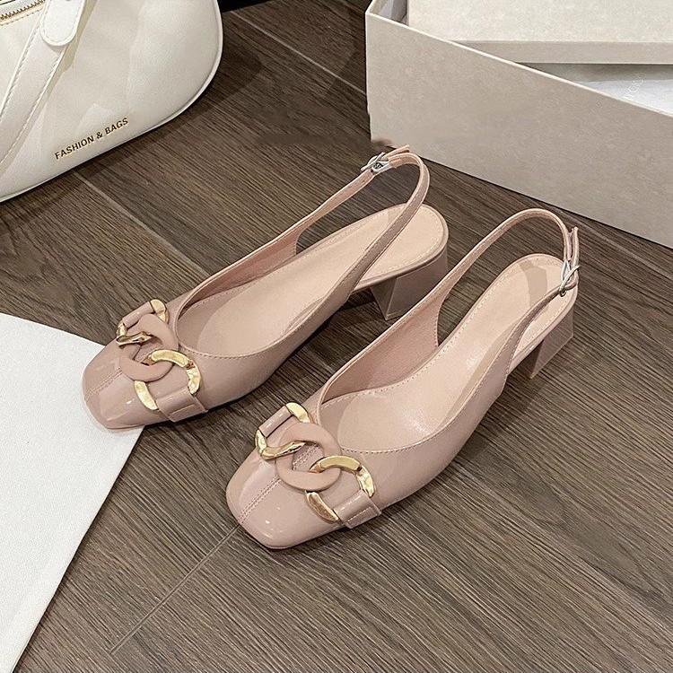 Temperament nude high heels fashion sandals 2025 new thick heel middle heel light mouth bright leather single shoes versatile