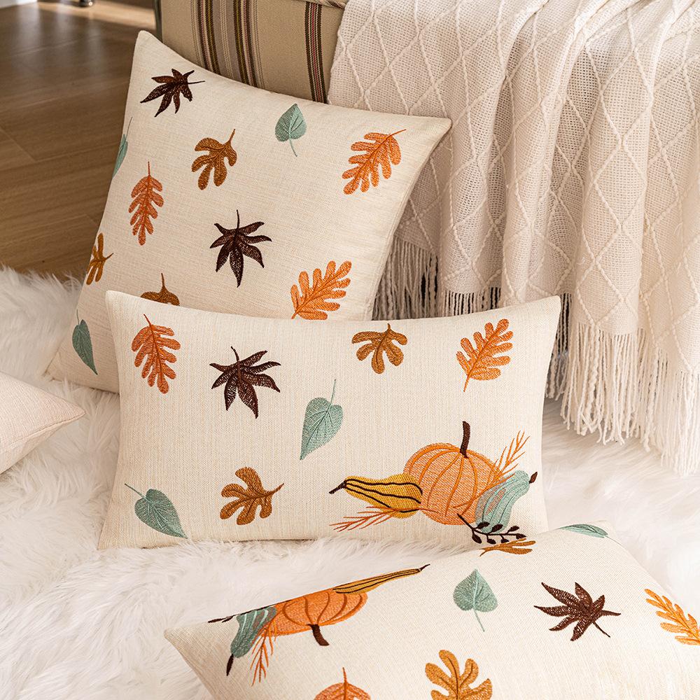 Autumn Maple Leaf Pumpkin Embroidered Pillow Living Room Sofa Cushion Back To Pillow Thanksgiving Halloween Decoration Pillow Case