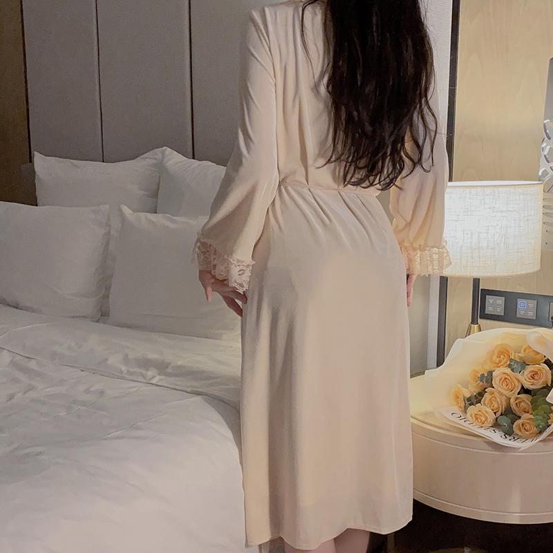 Sleeping Autumn Swing Collar Slit Satin Pajamas New Velvet Lace Sexy Women's Pajamas